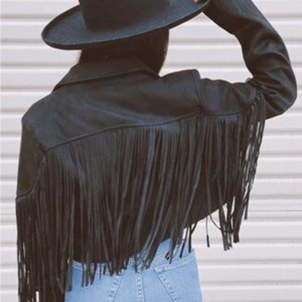Black Tassel suede women fringe jacket long sleeve jacket boho festival - Picture 3 of 5